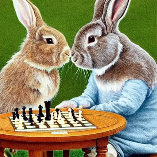 Image similar to rabbits drinking tea and playing chess. Painting of rabbits in sweaters by James Gurney (charming illustration of two cute rabbit gentlemen).