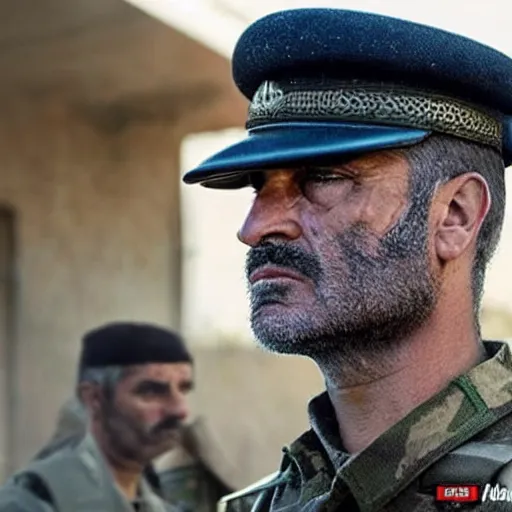 Image similar to kurdish general in a movie directed by christopher nolan, movie still frame, promotional image, imax 7 0 mm footage, strong and imposing