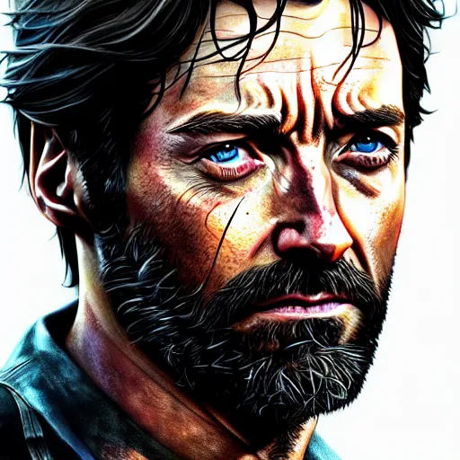 Image similar to beautiful digital portrait of hugh jackman as joel from the last of us, hdr, by artgerm