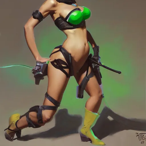 Prompt: pinup overwatch tracer in a green bikini thong, artwork by greg manchess, medium shot, asymmetrical, organic painting, sunny day, matte painting, bold shapes, hard edges, street art, trending on artstation, by huang guangjian and gil elvgren and sachin teng