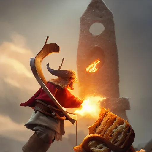 Image similar to viking battle toast, a slice of toasted bread with a face, arms and legs, holding a sword, cute, pixar, volumetric lighting, dynamic composition, fantasy, hyper detailed, ultra realistic, sharp focus, octane render, concept art by ruan jia and heng z and artem