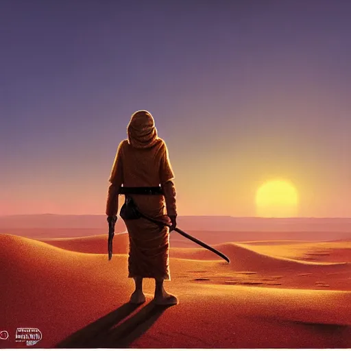 Image similar to a lone tusken raider watching the sunset, by Evgeny Lushpin, luminous lighting, cinematic