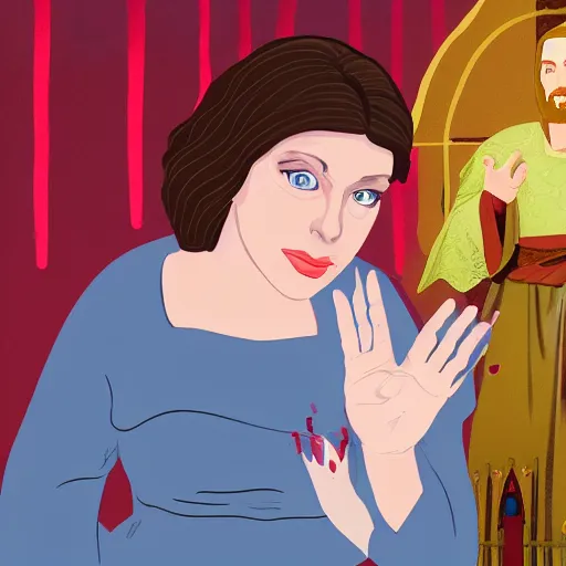 Prompt: rachel bloom as an animated princess looking at a jesus statue covered in bloody severed hands, set in a medieval world, digital art