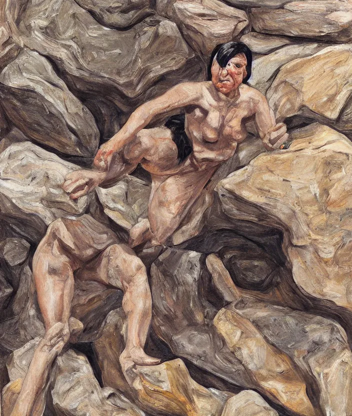 Image similar to indigenous woman climbing rocks, painted by lucian freud, hd, super detailed, realistic, muted colors