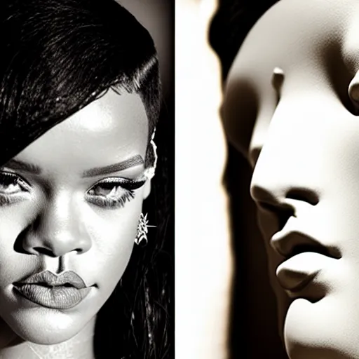 Image similar to rihanna portrait, ancient greek sculpture, white marble, ultra realistic, studio photo, 5 0 mm, bokeh.