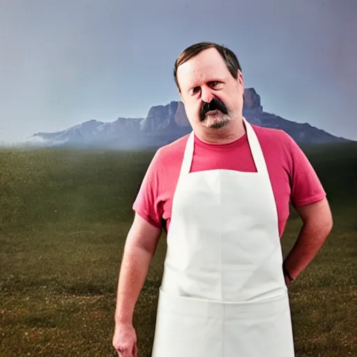 Prompt: a portrait of bob belcher wearing an apron with background scenery by juergen teller, iris van herpen