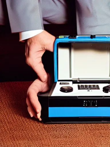 Prompt: businessman holding a nintendo gamecube like a briefcase, nintendo advertisement