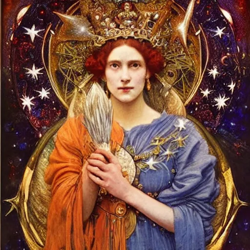 Image similar to the queen of the moon and the stars in full regalia, by Annie Swynnerton and Tino Rodriguez and jean delville, elaborately costumed, rich color, dramatic cinematic lighting, extremely detailed