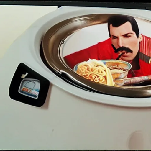 Prompt: Photo of Freddie Mercury eating ramen inside a washing machine, highly-detailed 4K award-winning