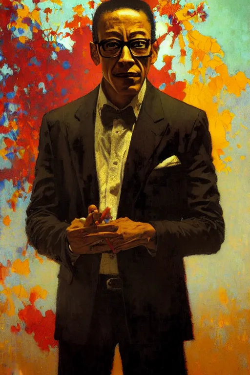 Prompt: gus fring, painting by'phil hale '!!! gaston bussiere, craig mullins, greg rutkowski, alphonse mucha