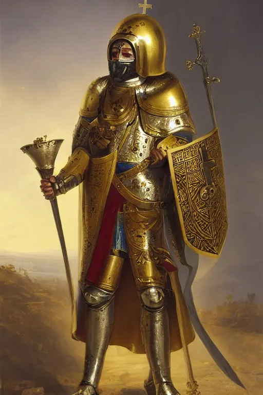 Prompt: man looking forward in decorated with gold baroque style christian crusader armor, cylindrical helmet covering all his face decorated with golden cross on front it's front and white cape covering most of his body standing at the gates of jerusalem drawn by greg rutkowski realistic high detail