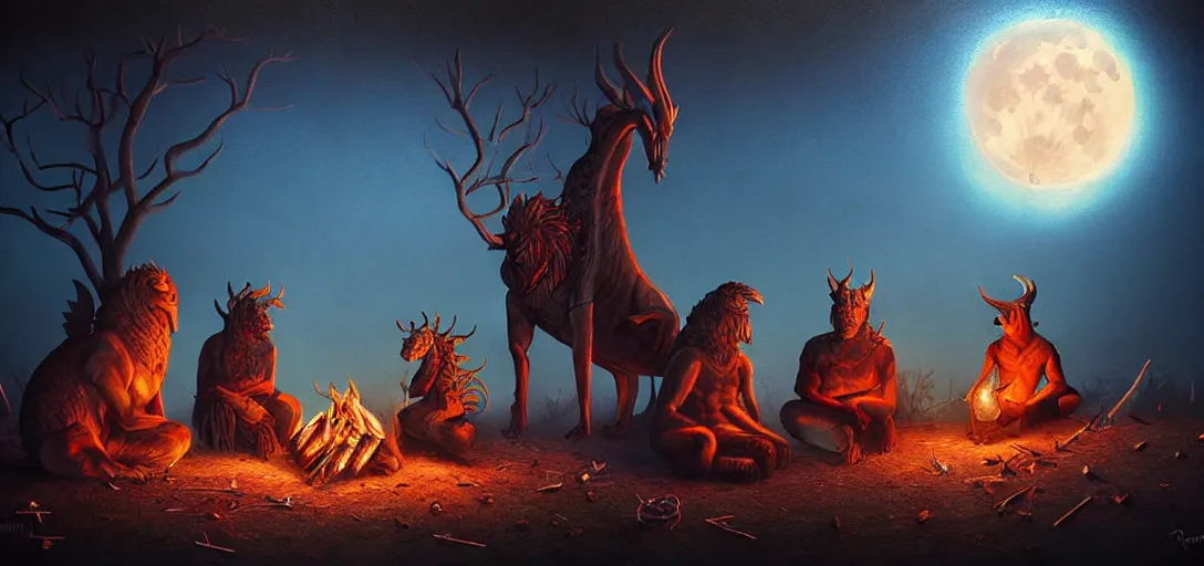 Image similar to strange mythical beasts of sitting around a fire under a full moon, surreal dark uncanny painting by ronny khalil