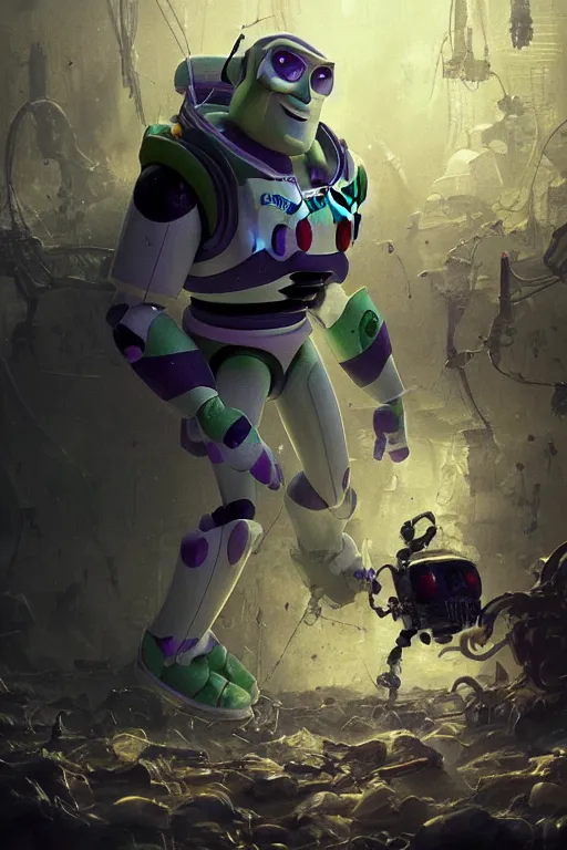 Image similar to A still of buzz lightyear pixar movie, creepy, horror,greg rutkowski, intricate abstract. intricate artwork. nightmare fuel. terrifying. by Tooth Wu, wlop