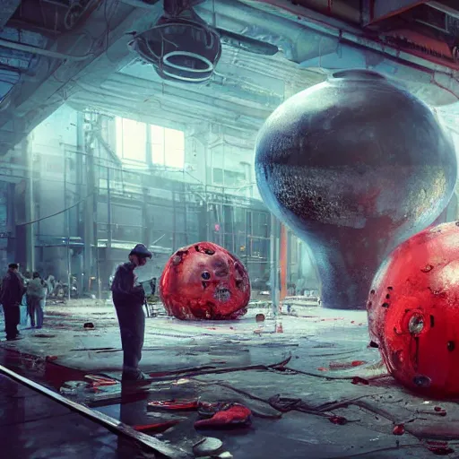 Image similar to a giant mickey mouse head, factory floor, surrounded by factory workers, octane render, cgstation, 3 d render, very detailed, mindblowing, blood and guts, gritty, cyberpunk, red and cinematic lighting, hyper realism