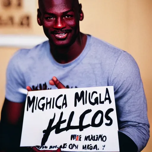 Prompt: michael jordan holding a sign that says