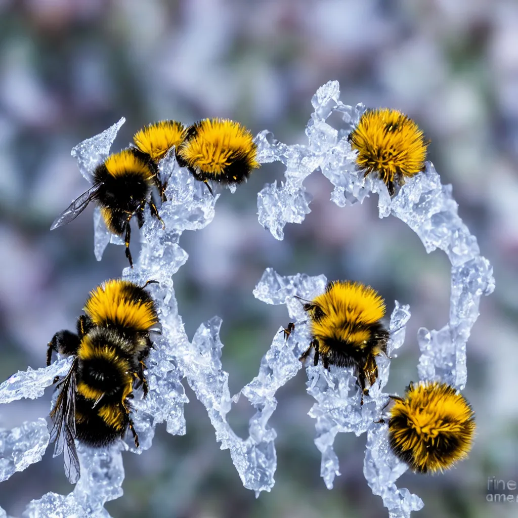 Image similar to a nature photograph macro shot of a bumblebee pollinating a partly frozen flower. snow and ice in the background