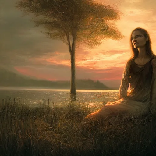 Image similar to beautiful young woman by the lake, sunset, high detail, dramatic light, digital art, painted by seb mckinnon and greg rutkowski, trending on artstation