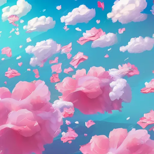 Image similar to background art of spaciously scattered flower petals flowing and floating through the blowing swirling directional wind from left to right on a simple cloudy sky background, big puffy clouds, large individual rose petals, angular background elements, polygonal fragments, studio ghibli, artgerm, trending on artstation, art nouveau, mature color scheme