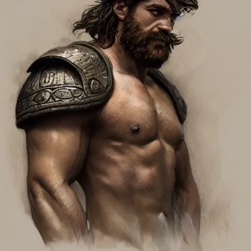 Image similar to portrait of a rugged ranger, 2 5 years old, muscular, upper body, hairy torso, d & d, fantasy, intricate, elegant, highly detailed, digital painting, artstation, concept art, smooth, sharp focus, illustration, art by artgerm and greg rutkowski and alphonse mucha