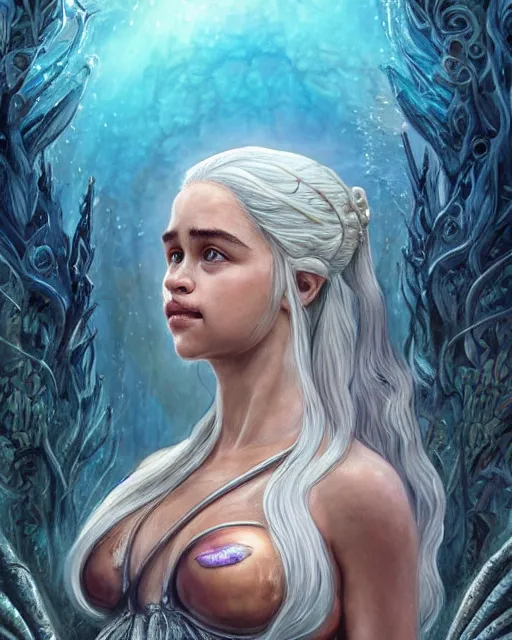 Prompt: Daenerys Targaryen as a mermeid with a piercing gaze wearing a shell bikini in an underwater magical forest, highly detailed face, realistic face, beautiful detailed eyes, fantasy art, in the style of Tony Sart, illustration, epic, fantasy, intricate, hyper detailed, artstation, concept art, smooth, sharp focus, ray tracing, vibrant, photorealistic