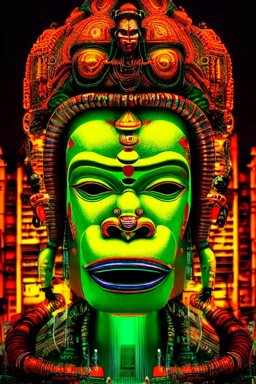 Prompt: high quality photo hyperrealistic cyberpunk hanuman head building, neon yellow madhubani, highly detailed, in sci - fi mumbai, cinematic smooth, lee madgwick & liam wong, moody light, low angle, uhd 8 k, sharp focus