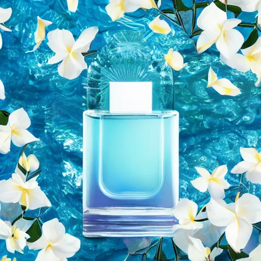 Image similar to centered bright perfume bottle standing in clear blue rippling water surrounded by a plethora of white flowers and tropical leaves and fauna upfront, with dreamy bright blue sky and clouds in the background, softly - lit, soft - warm, zen, light, modern minimalist f 2 0 clean