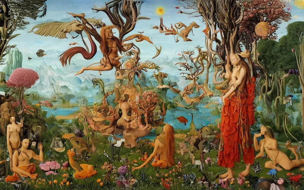 Image similar to a photograph of a meditating centaur shaman and a harpy mermaid feeding animals. surrounded by bulbous flowers, animals and a few trees. river delta with mountains and cliffs under a blue sky full of burning stars and birds. painted by jan van eyck, max ernst, ernst haeckel, ernst fuchs and artgerm. trending on artstation