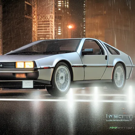 Image similar to hyperdetailed, photorealistic photograph of a dmc 1 2 delorean driving in the streets, rain, night, dense fog, hd, unreal engine 5