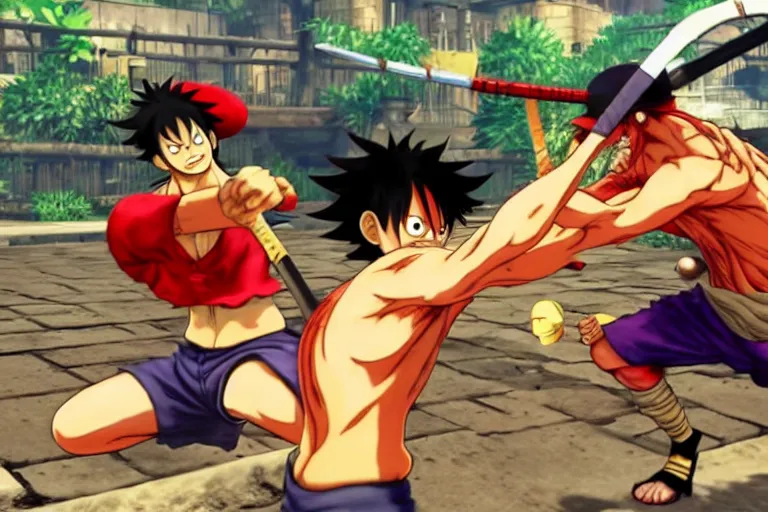 Image similar to Monkey D. Luffy and Roronoa Zoro fighting in Street Fighter V (2016)