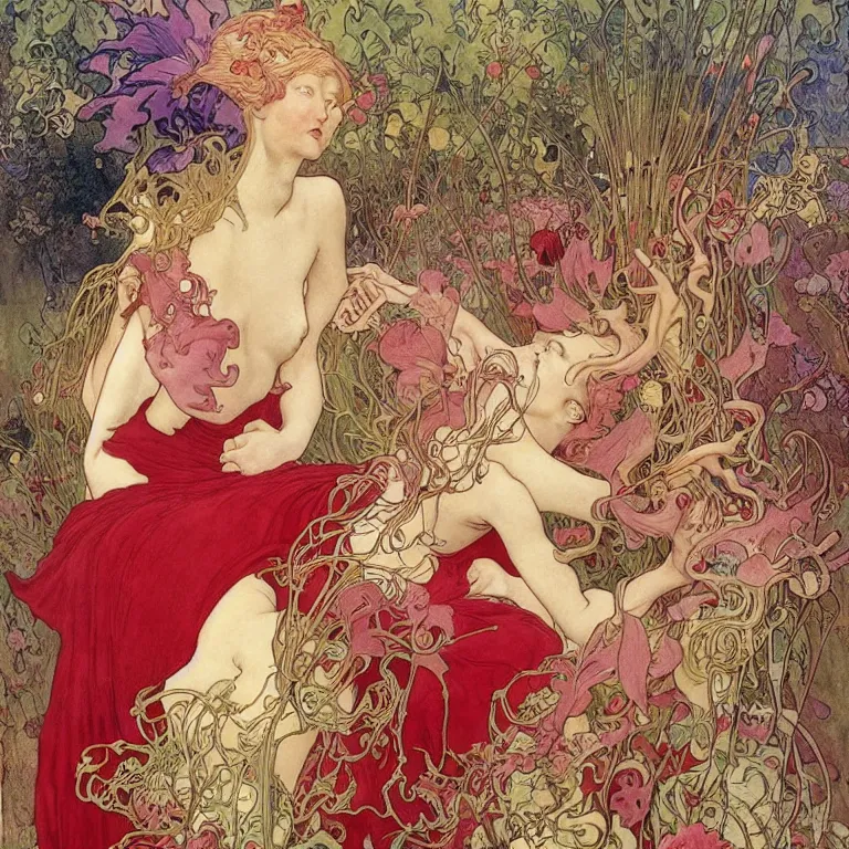 Image similar to There is a woman in a red dress, with white hair on a golden background, with pink flowers Anton Pieck,Jean Delville, Amano,Yves Tanguy, Alphonse Mucha, Ernst Haeckel, Edward Robert Hughes,Stanisław Szukalski and Roger Dean