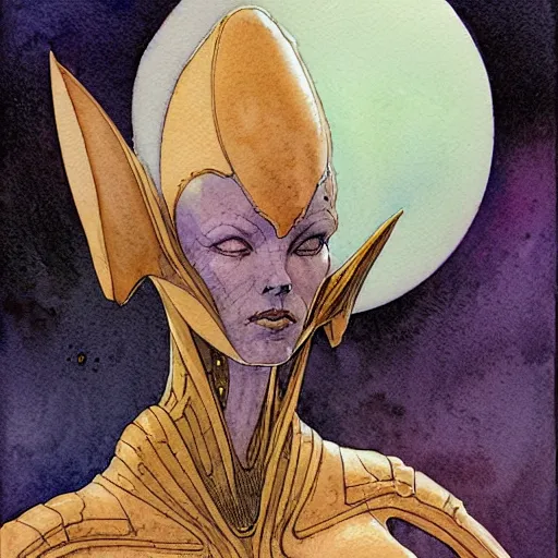 Image similar to a simple and atmospheric watercolour portrait of a pulp sci - fi alien hivr queen, very muted colors, by rebecca guay, michael kaluta, charles vess and jean moebius giraud