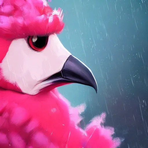 Image similar to a portrait of big bird rainy background, pink bright art masterpiece artstation. 8 k, sharp high quality artwork in style of jose daniel cabrera pena and greg rutkowski, concept art by tooth wu, hearthstone card game artwork.