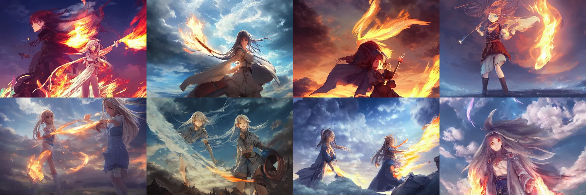 Prompt: Digital anime art by WLOP and Mobius, A young sorceress casting fire magic. Defending her village from goblins. Blue sky with clouds. Technical blueprint.