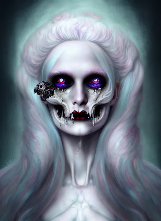 Prompt: goddess of death in a cemetary, white hair, decaying face, cool colors, digital painting, realism, extreme detail, trending on artstation, by natalie shau and hans zatzka