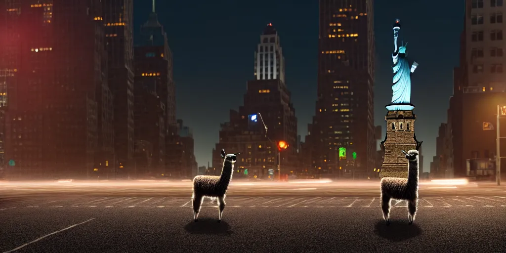 Image similar to a llama walking through a desolate manhattan city street at night, statue of liberty seen in the background, realistic 4 k octane beautifully detailed render, 4 k post - processing, highly detailed, detailed face, intricate complexity, epic composition, magical atmosphere, cinematic lighting, masterpiece, color picture, ultra hd