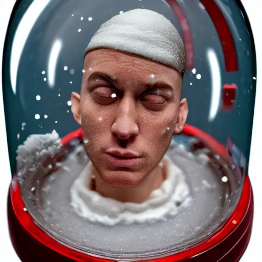 Image similar to eminem trapped inside of a snow globe, trending on artstation, 5 0 mm camera