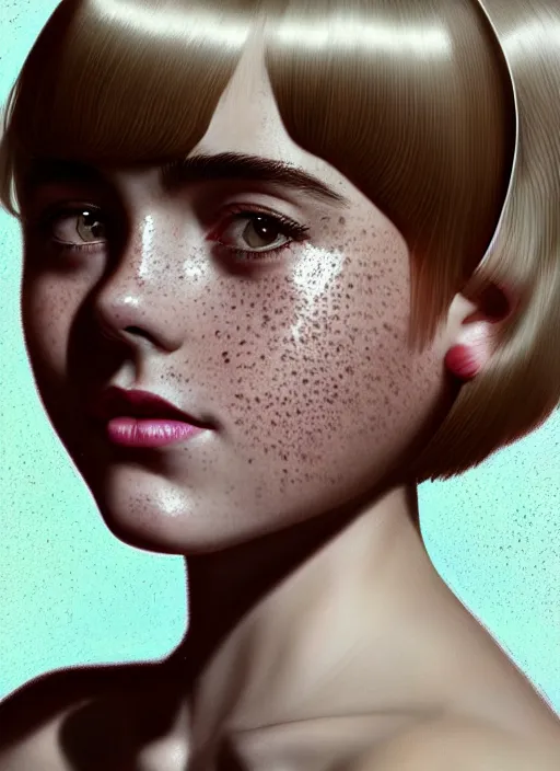 Image similar to portrait of kiernan shipka with freckles, white hair, 1 9 6 0 s bob hairstyle, hairstyle with bangs, 1 9 6 0 s bob hair with bangs and hairband, intricate, elegant, glowing lights, highly detailed, digital painting, artstation, concept art, smooth, sharp focus, illustration, art by wlop, mars ravelo and greg rutkowski