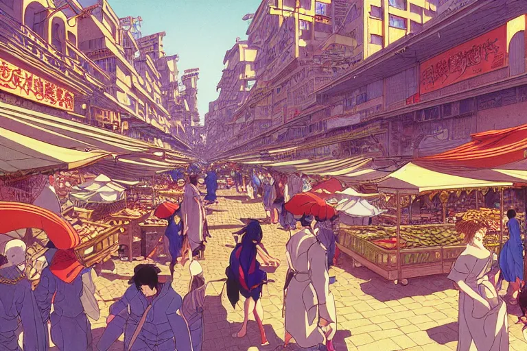 Image similar to cel shaded study of a busy market in a fantasy late renaissance city, key visual with intricate linework, in the style of moebius, ayami kojima, 90's anime, retro fantasy