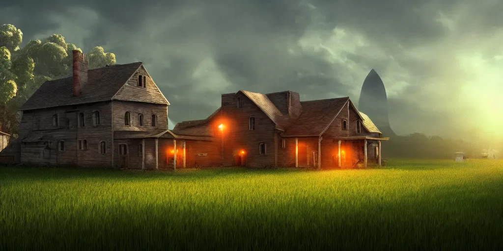 Image similar to farmhouse in a ringworld, digital art, trending on artstation, focus on farmhouse, 4 k, high detail