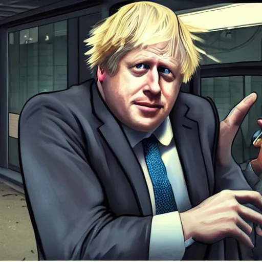 Image similar to Boris Johnson in GTA 5, cover art by Stephen Bliss, boxart, loading screen