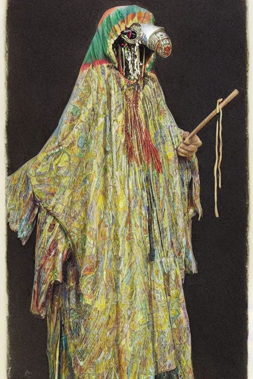 Prompt: a shaman in a rainbow hooded poncho, a venetian mask and holding a gold cane. by alan lee