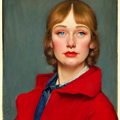 Prompt: frontal portrait of a woman with ice Blue eyes, straight bangs and a red coat, by Norman Rockwell and Gerald Brom