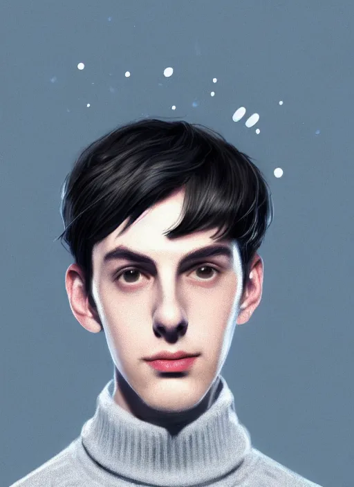 Image similar to portrait of teenage jughead jones wearing a light grey crown, crown, blue turtleneck, 1 9 5 0 s, closed eyes, photorealistic, black hair, glowing lighting, intricate, elegant, glowing lights, highly detailed, digital painting, artstation, concept art, smooth, sharp focus, illustration, art by wlop, mars ravelo and greg rutkowski