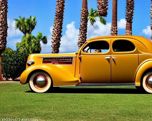 Image similar to 1 9 3 7 pontiac sedan, tan, palm trees in the background