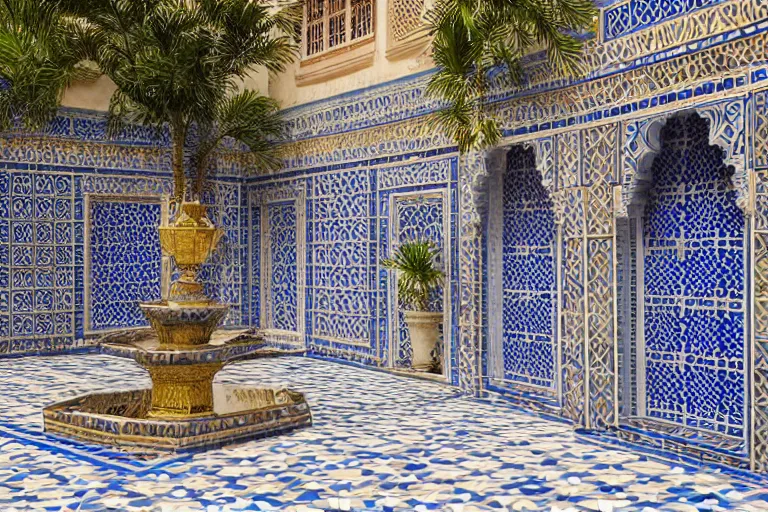 Image similar to beautiful moorish palace courtyard garden, by ludwig deutsch, patterned blue tilework, palm trees, tiled fountains, extremely detailed, dramatic lighting, smooth sharp focus