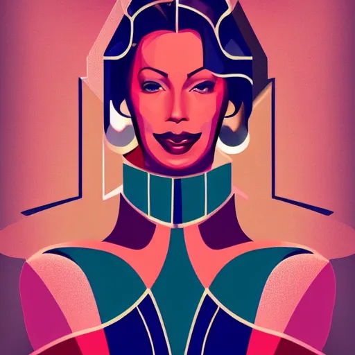 Image similar to smiling, happy, beautiful, intelligent, powerful mette frederiksen, loving eyes, fully clothed, wise, beautiful, dramatic lighting, sharp focus, art deco patterns by stanley artgerm, retro futurism, dramatic lighting, trending on artstation, flat colour, geometric curves, gradient filter