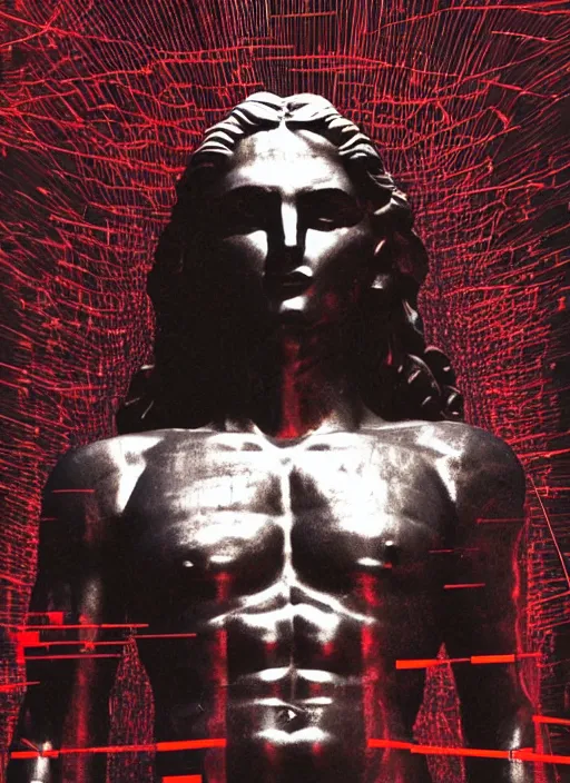 Image similar to dark design poster showing a close up of a statue of achilles, black background with very subtle red and purple design elements, powerful, nekro, vito acconci, thin straight lines, dark, glitch art, neo vaporwave, gritty, layout frame, square, extremly detailed, trending on artstation