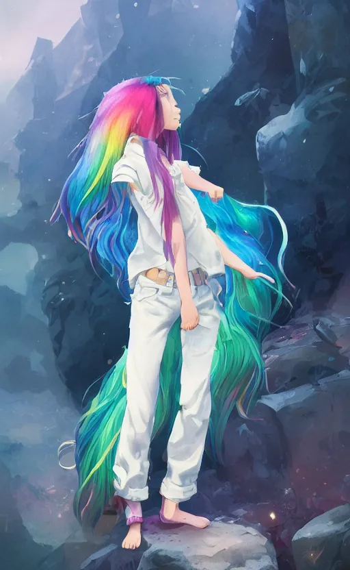 Image similar to a kawaii woman with rainbow hair, soft eyes and narrow chin, dainty figure, long hair straight down, kawaii shirt and jeans, basic white background, In style of by Jordan Grimmer and greg rutkowski, crisp lines and color