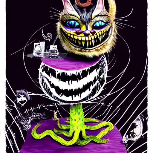 Image similar to graphic illustration, creative design, cheshire cat as alice cooper, biopunk, francis bacon, highly detailed, hunter s thompson, concept art