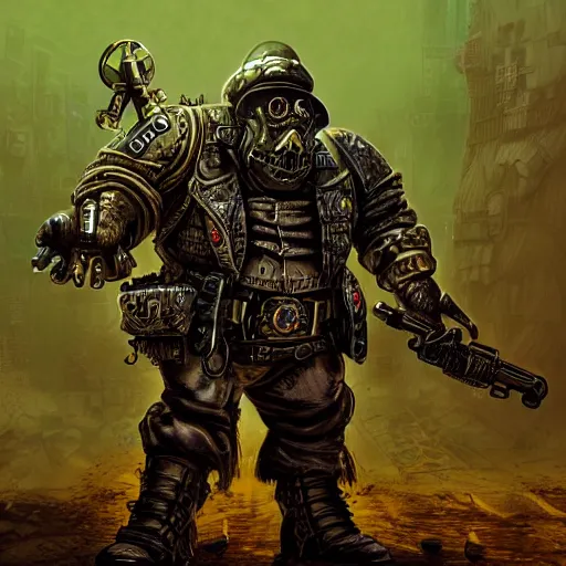 Prompt: highly detailed steampunk morbid obese undead heavy soldier with heavy machine guns, pipes connected to the head, madmax, intricate, rusty, green radioactive glow, toxic waste, Colchians painting, dynamic lighting, photorealistic concept art, trending on art station, stunning visuals, creative, cinematic, ultra detailed
